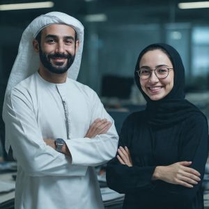 Marketing agency experts Udjat Agency employees standind in Udjat UAE office